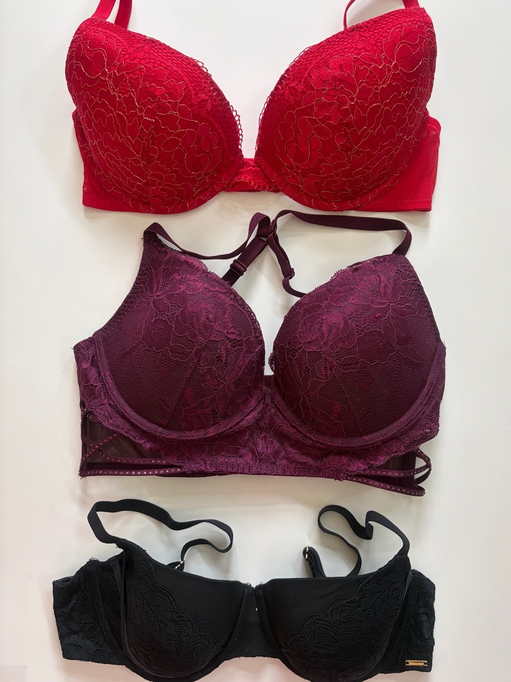 3 pack bundle value Red,plum & black Lace Push-Up Bra size 36c
